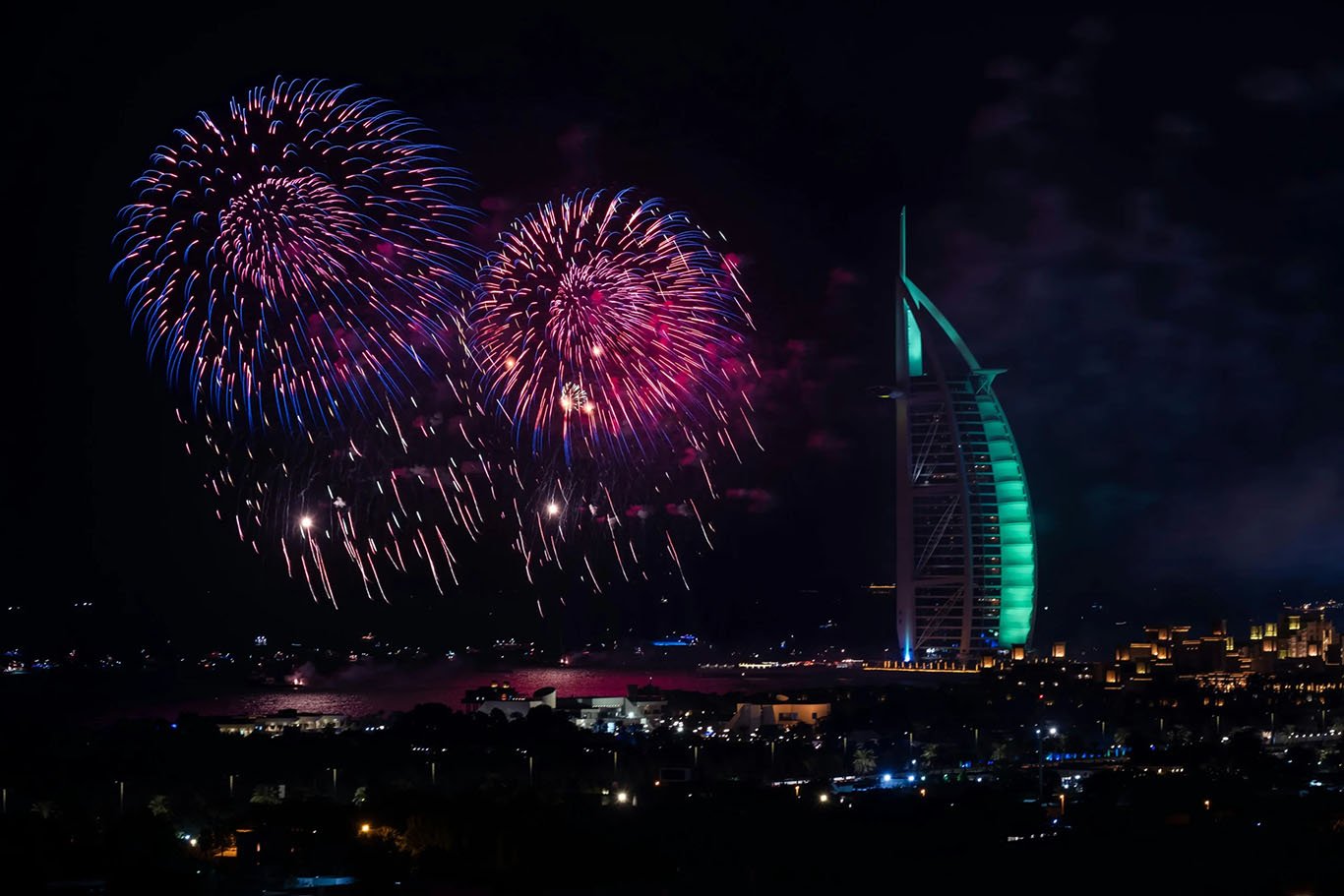 Dubai New Year’s Eve fireworks viewed from a luxury yacht charter by Xtreme Yacht