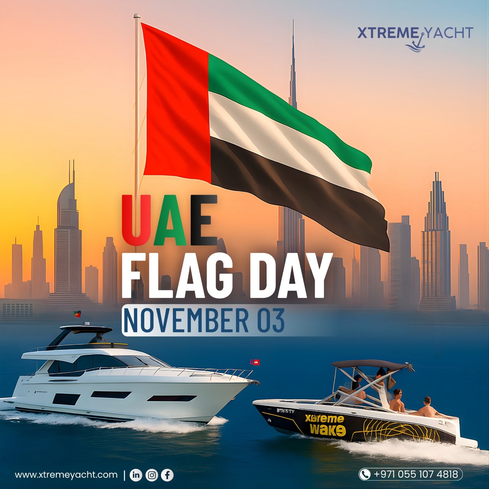 Luxury yachts in Dubai Marina celebrating UAE Flag Day with UAE national flag flying at sunset
