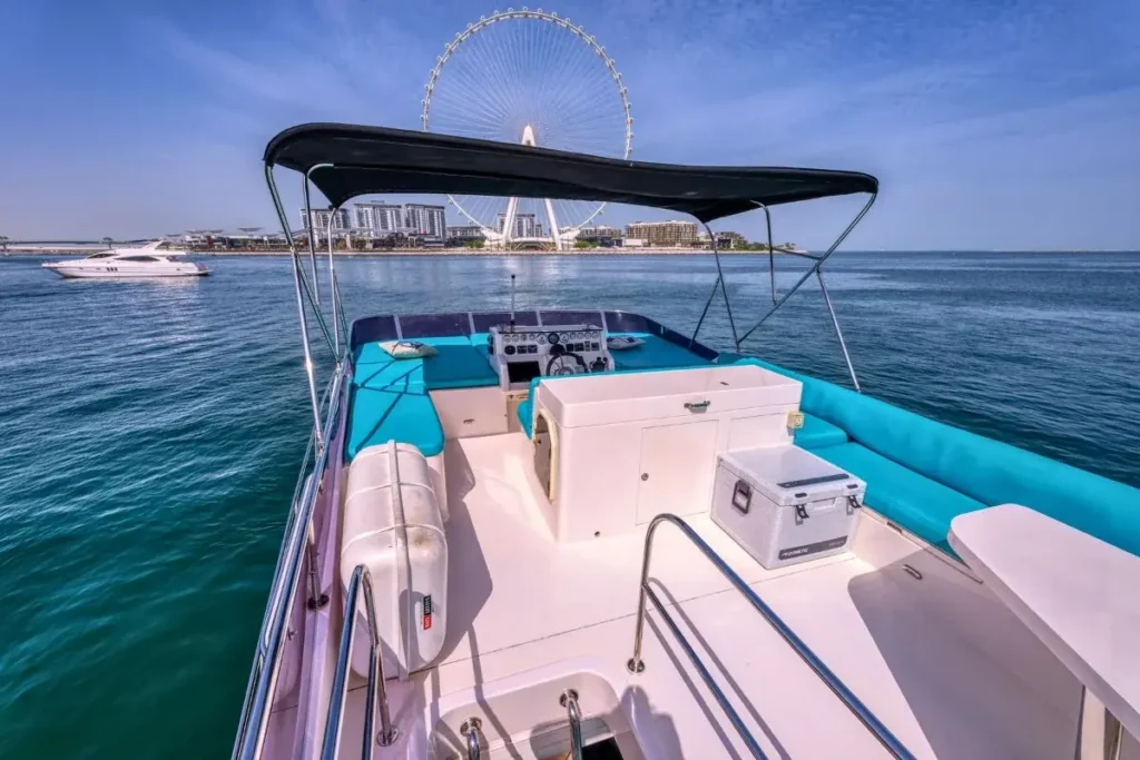 My Serena 48ft luxury yacht rental in Dubai Marina with modern interior and flybridge